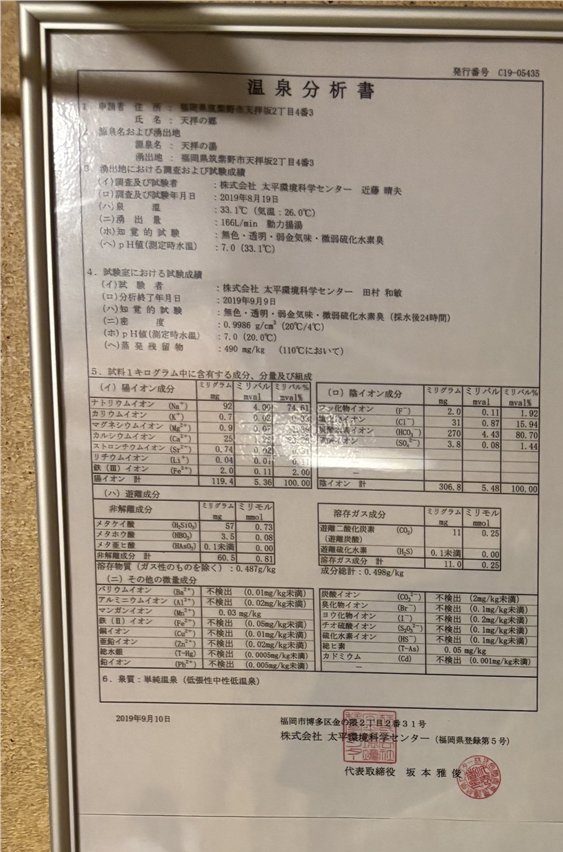 筑紫野 天拝の郷に掲示された天拝の湯の温泉分析書